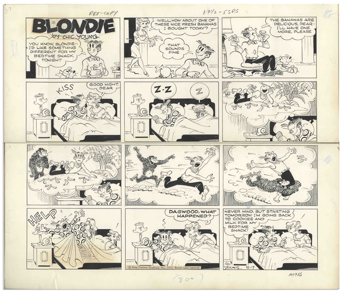 Chic Young Hand-Drawn ''Blondie'' Sunday Comic Strip From 1972 -- Featuring Dagwood, Blondie & a Gorilla